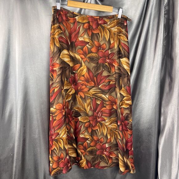 Y2K Vintage Dana Buchman 100% Silk Midi Skirt 14 Petite Fall Leaves Floral Mesh - Picture 2 of 12